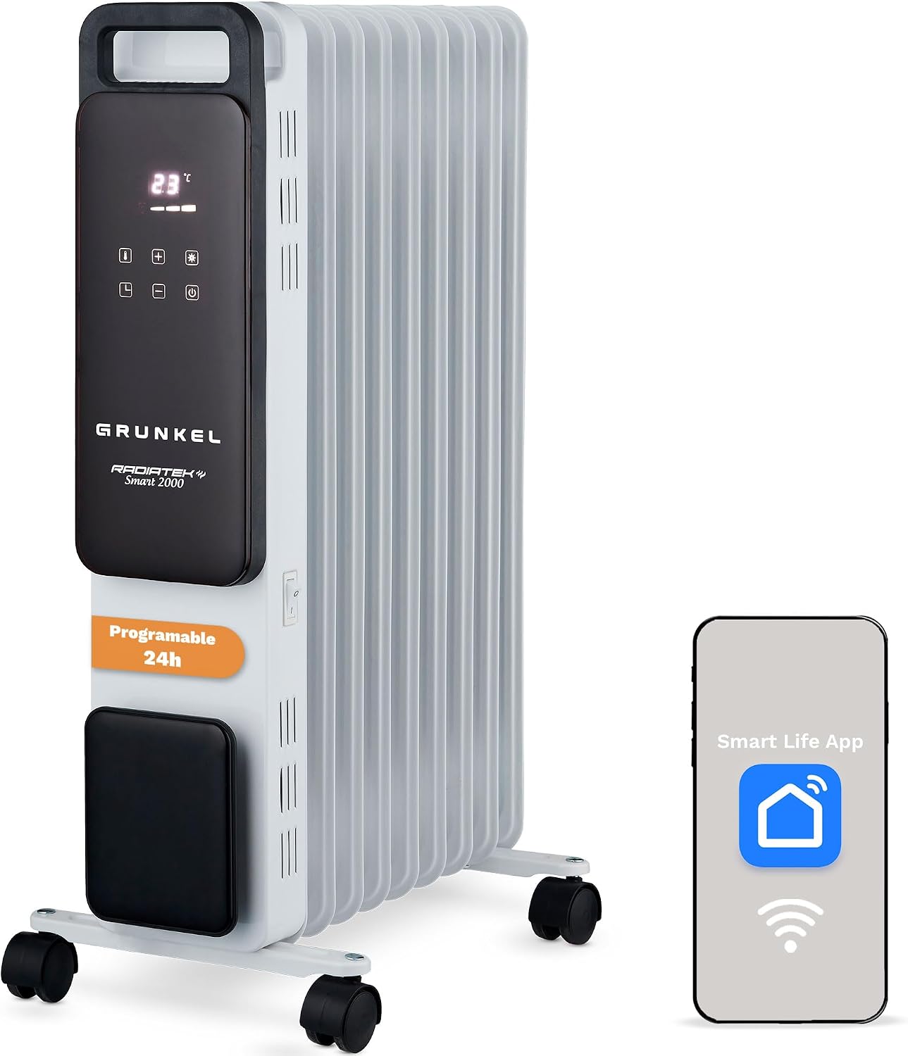Radiador de Aceite GRUNKEL RD-2500PRO 2500W | 11 Elementos de Calor | Wi-Fi Integrado | Conectividad inteligente | Panel Táctil | Modo ECO | Programación 24H | Protección Antivuelco (2500W)