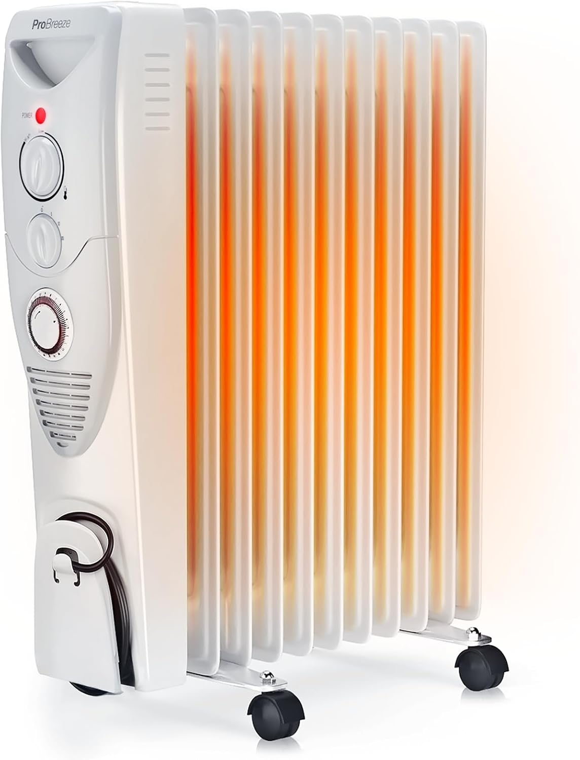 Pro Breeze Radiador de Aceite de 2500 W, 11 Aletas, 3 Niveles de Potencia, Termostato Ajustable, Temporizador, Auto Apagado de Seguridad, Calentador Eléctrico Portátil con Ruedas – Negro