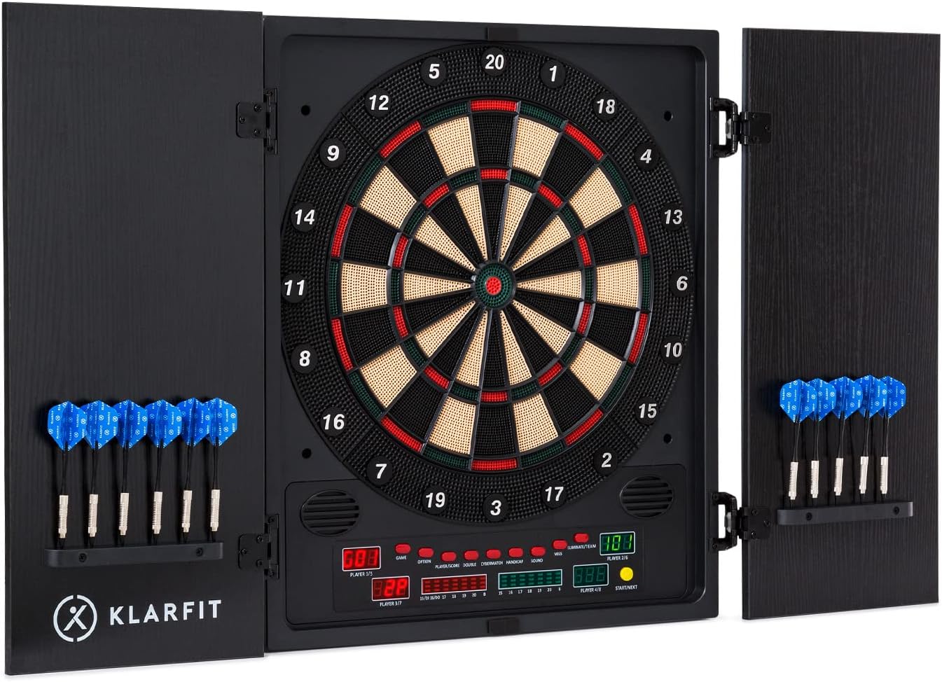 Klarfit Diana Electronica con Armario, Juego Diana Dardos Electrica LCD con 12 Colores, Punta Hierro, Marcador Digital, Diana Profesional Inteligente Adultos y Niños, Juego Casa Eléctrico