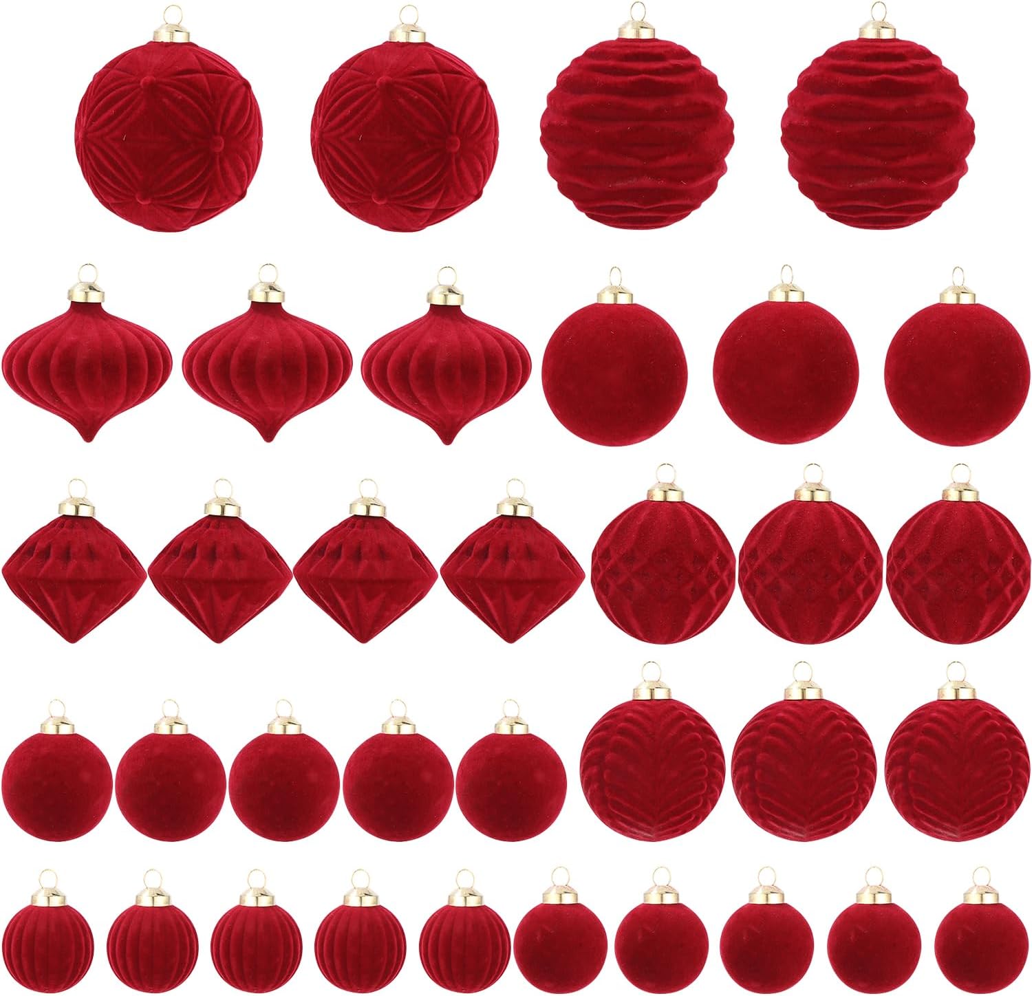 LEAZZLE 35 Piezas Juego de Bolas Arbol de Navidad de Terciopelo Rojo, Bolas de Navidad de Plástico Inastillable, Decoracion Navidad Rojas, Adornos Arbol Navidad, para Natal, Cumpleaños, Ø 4/5/6/8 cm