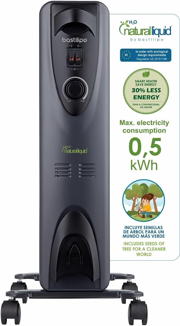 BASTILIPO - RC-ECOFLUID-11 - Radiador compacto con H2O natural liquid, extra bajo consumo, 2000W, 0,9kwh, 11 elementos, ctermostato, color negro.