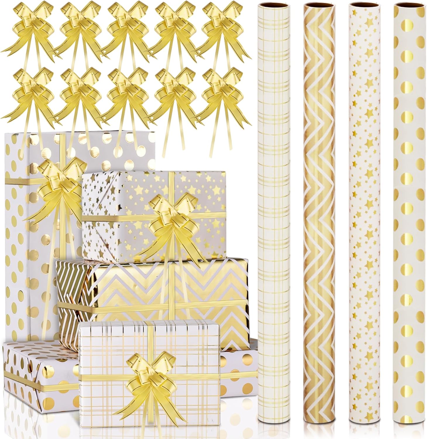 AhfuLife 4 Rollos Papel de Regalo Navidad Oro, 43cm x 3m, Papel Kraft Metálico Reciclable con 10 Cintas para Regalos de Navideño, Cumpleaños y Fiestas