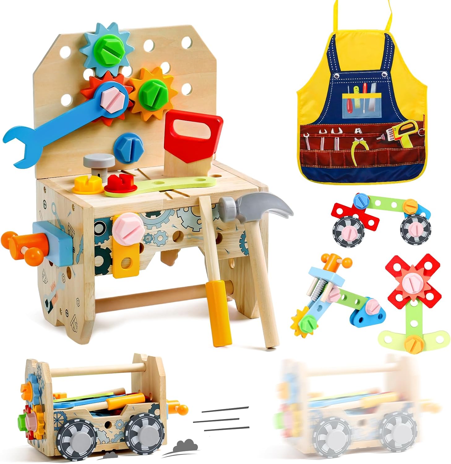 Caja Herramientas Juguetes Coche de Madera, 52 Piezas Juegos Construccion con Delantal Infantil, Herramientas Coche Juguetes Niños 2 Años Montessori Juegos Educativos, Regalo Niño Niñas 2 3 4 Años