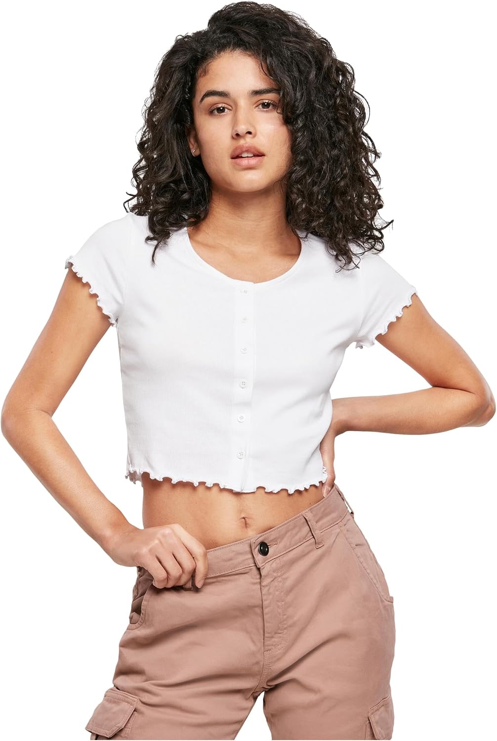 Urban Classics Ladies Cropped Button-Up Rib Mujer Camiseta Negro 97% algodón, 3% Spandex Regular
