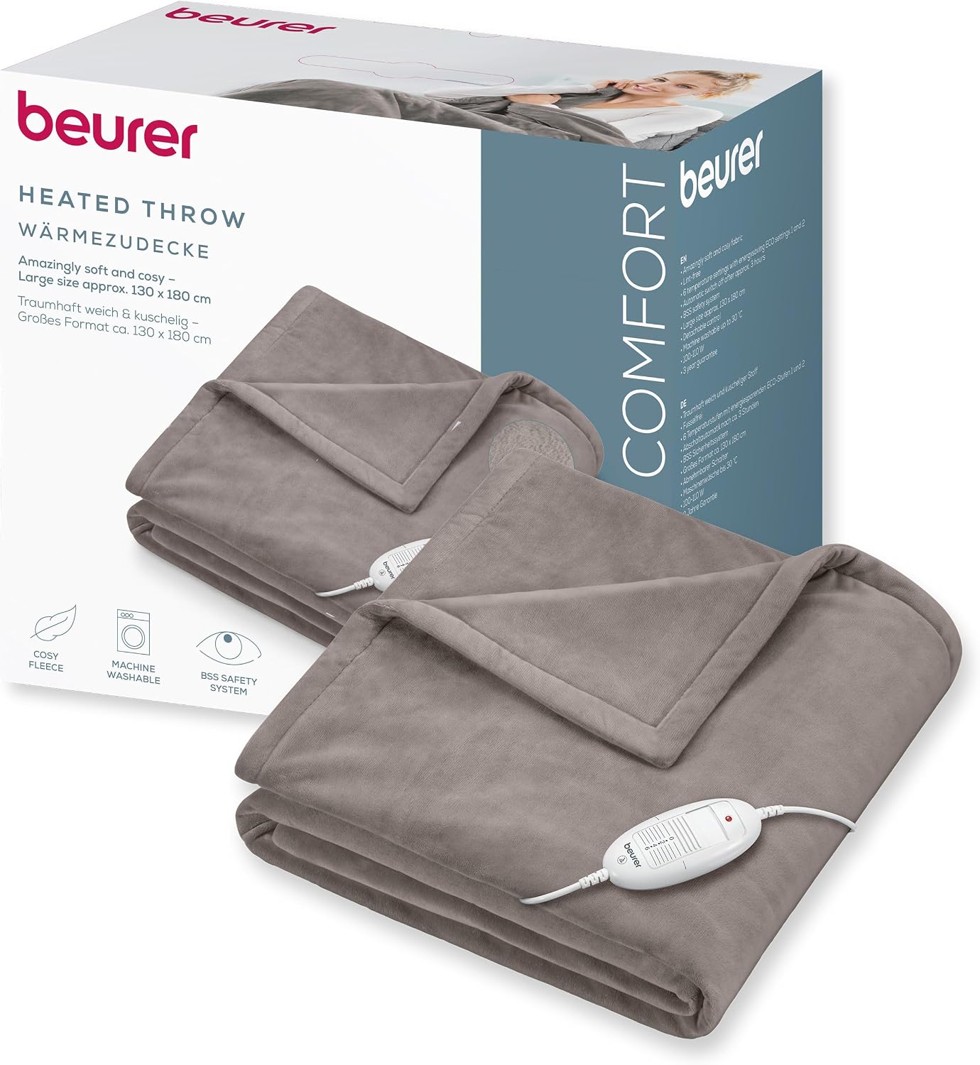Beurer HD 75 Manta eléctrica, acogedora manta térmica con 6 ajustes de temperatura, sistema de seguridad y desconexión automática, lavable a máquina, color topo, 180 x 130 cm
