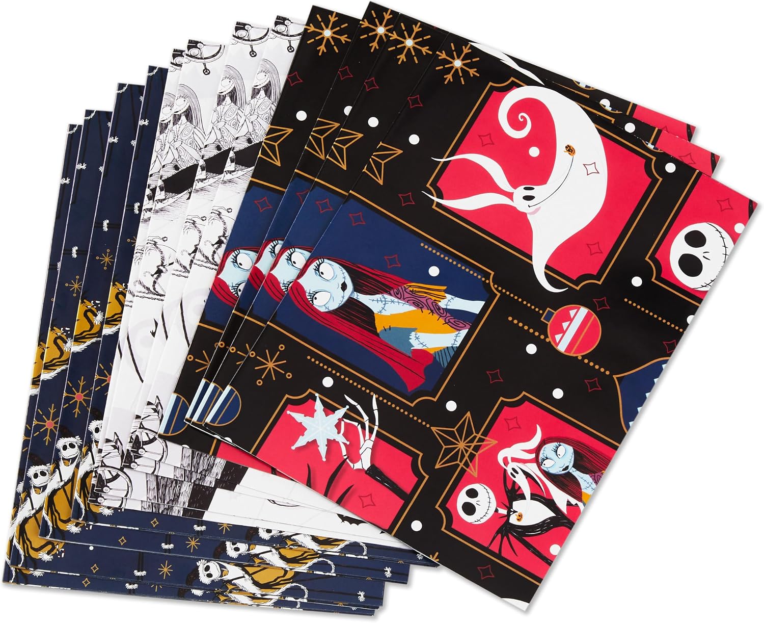 Hallmark - Hojas de papel de regalo planas de Pesadilla antes de Navidad con líneas de corte en la parte posterior (12 hojas plegadas) para Navidad, cumpleaños, Halloween