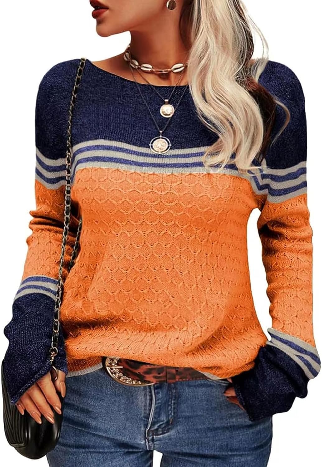Yutdeng Jerseys Sueter Mujer Manga Larga Jersey Rayas Patchwork Jersey de Punto Cuello Redondo Casual Sweater Invierno Otoño Cómodo Jerséis para Mujer Suéter Camiseta Pullover
