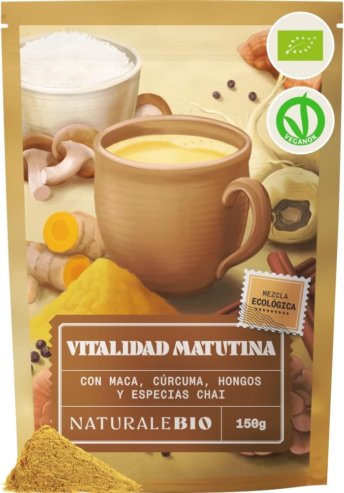 NaturaleBio Morning Vitality Blend 150 g – superfood en polvo con proteína de arroz, maca, cúrcuma y mezcla hongos. mezcla chai vegana con canela y azúcar de coco para energía y concentración