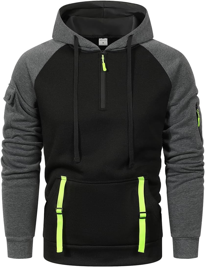 Sudadera con Capucha para Hombre 1/4 Cremallera Manga Larga Combinación Colores Múltiples Bolsillos Grueso y Cálido Ropa de Calle
