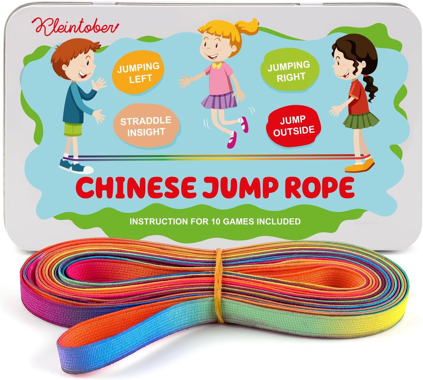 KLEINTOBER Goma elástica de Saltar para niños Premium I Juguete para Interior y Exterior I Banda Color arcoíris de 4 Metros con Instrucciones para Juegos I Ideal para Fiestas de cumpleaños