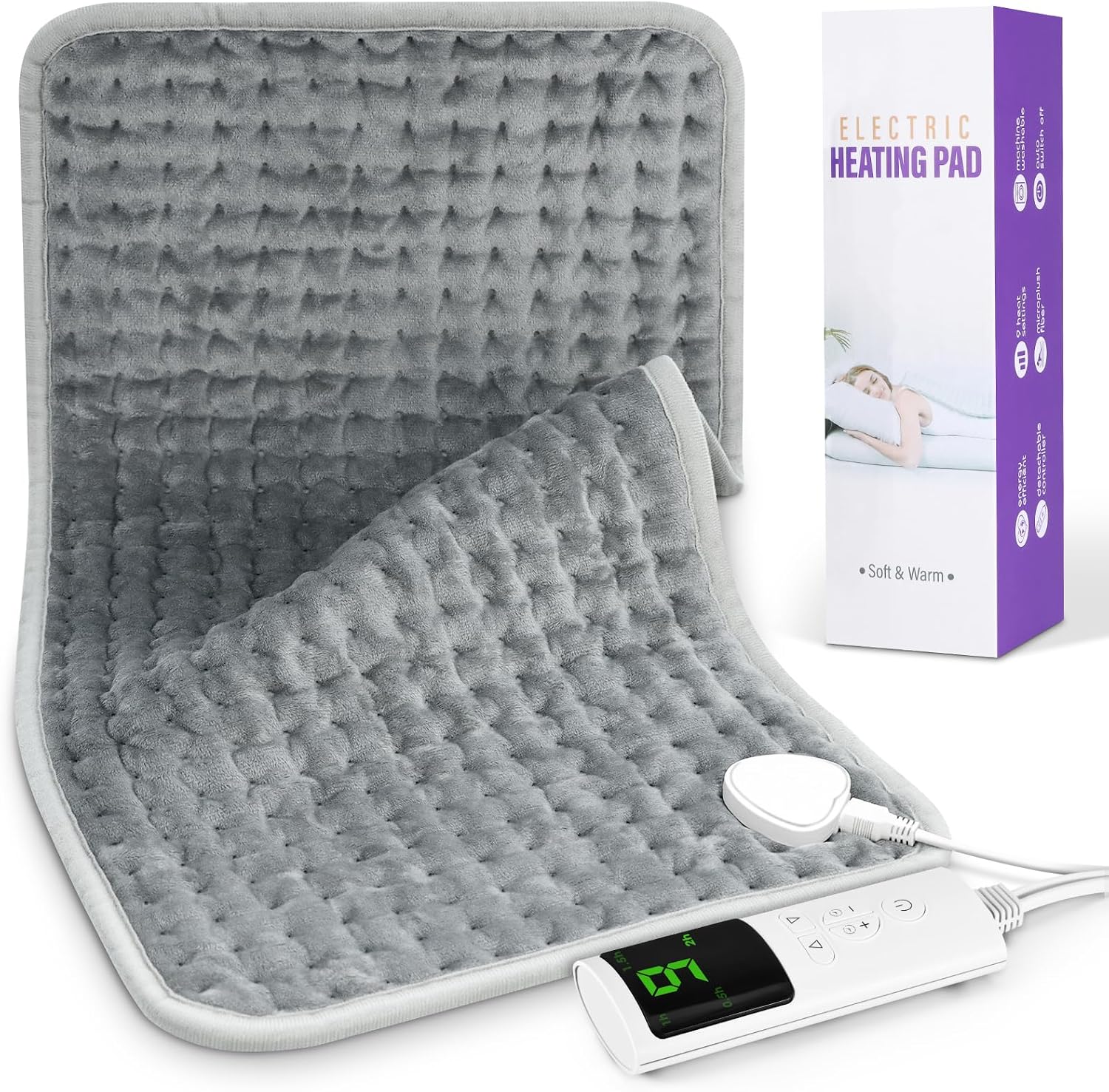 Manta Electrica, Almohadilla Térmica con Apagado Automático, Almohadilla Eléctrica con 9 Niveles de Temperatura, Calentamiento Rápido con Temporizador para Espalda Abdomen Rodillas (30 x 60 cm)