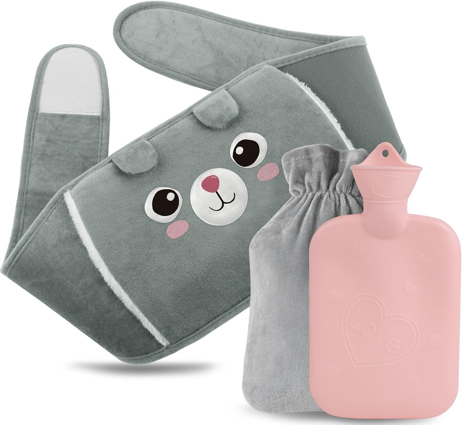 Bolsa de agua caliente, 1 l, bolsa de agua caliente con funda de cintura suave, bolsa de calor para cuello, hombros, espalda, piernas, calor o alivio del dolor (Gris)