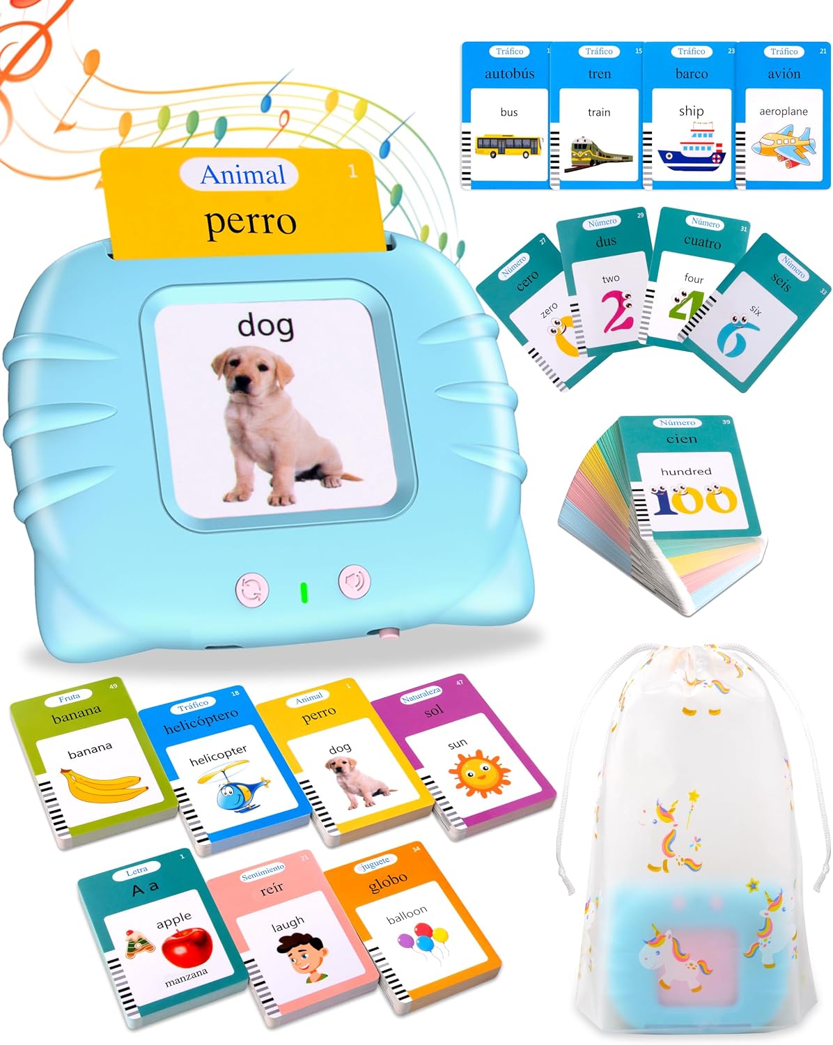 510 Palabras Tarjetas Parlantes Español, Juguetes Montessori 2 años,Juegos Educativos niños 2 años Azul (Español/Inglés/Bilingüe)