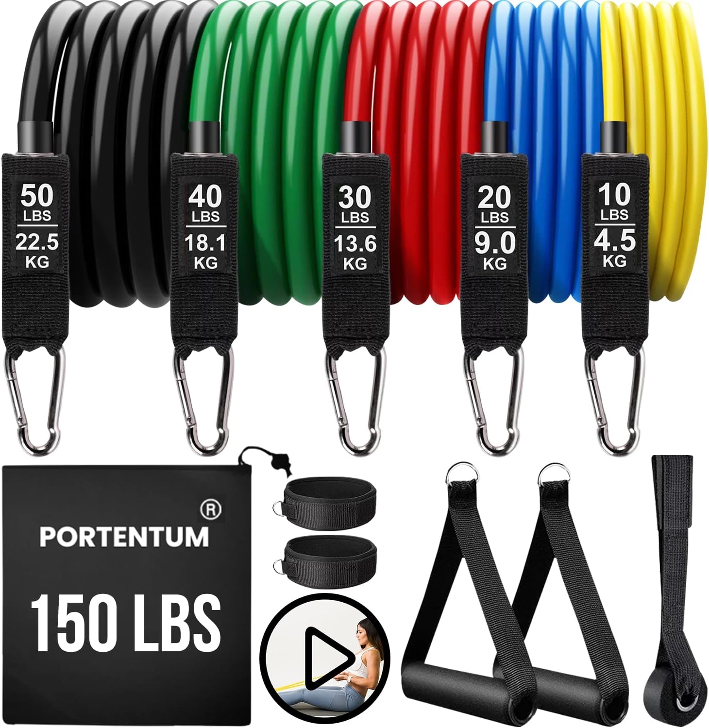 PORTENTUM Gomas elasticas musculación - Bandas elasticas para Yoga calistenia Gym Crossfit TRX Pilates Gimnasia en casa