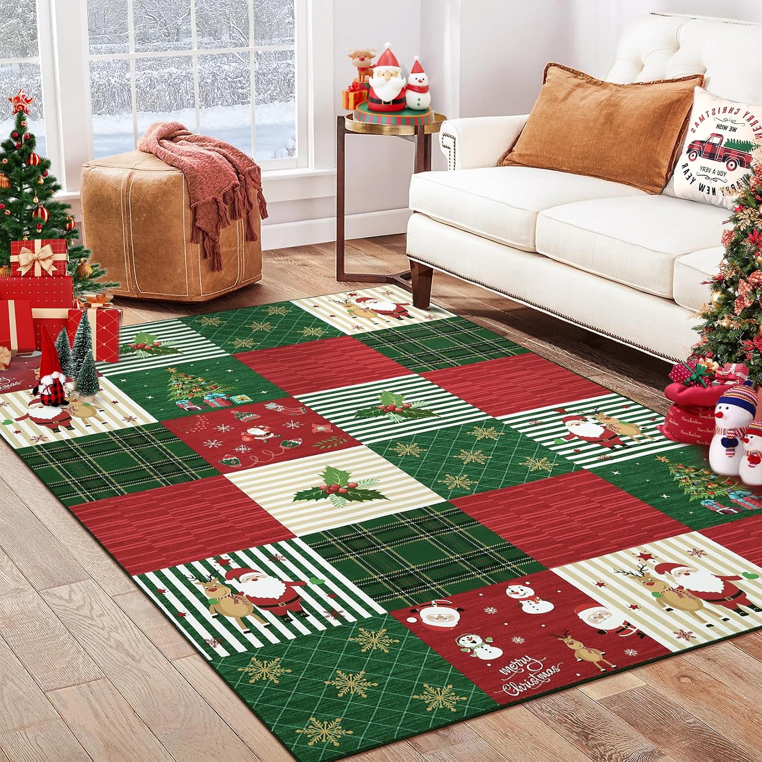 CAROMIO Alfombra decorativa de Navidad, diseño a cuadros, color rojo y verde, para interiores, copos de nieve, alce, alfombra suave, geométrica, antideslizante, para dormitorio, comedor, oficina,