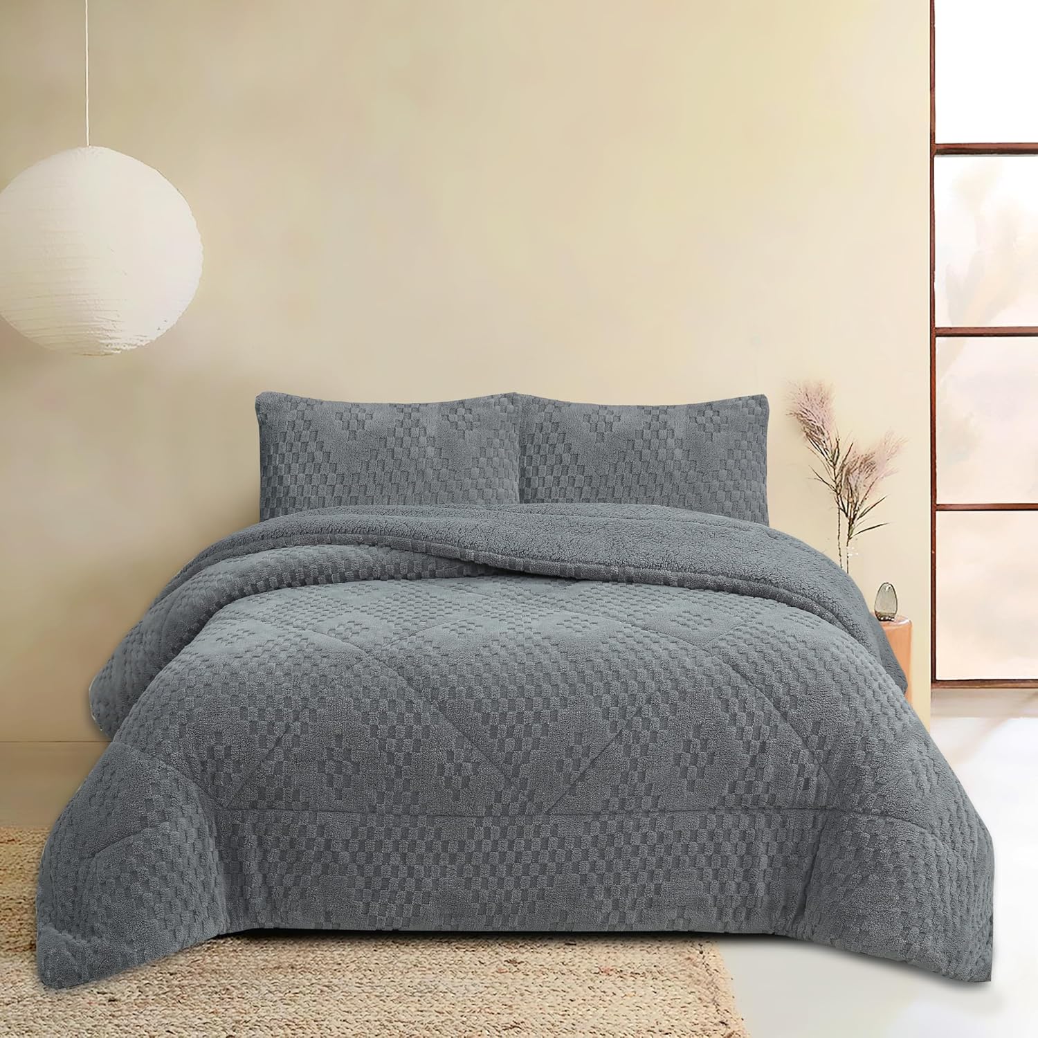 NH NOVOTEXTIL HOGAR Edredón Invierno Sherpa Cama 135 (230x260) Extra Grueso 560gr/m2 Efecto Borreguito - Edredón Suave, Cálido y Transpirable con 2 Fundas Almohada (50x70) (Poltava Gris)