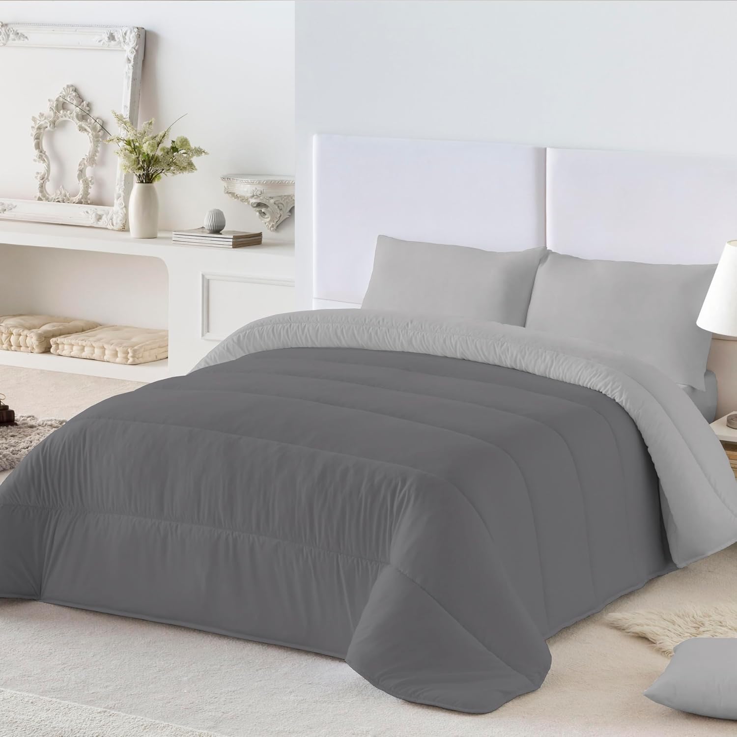 NATURALS - Edredón Nórdico 300 Gramos Liso Bicolor - Reversible - Microfibra Extrasuave - Acolchado Gran Confort y Transpirable - Gris/Gris Claro - Cama 90/105 (180x260 cm) - Fabricado en España