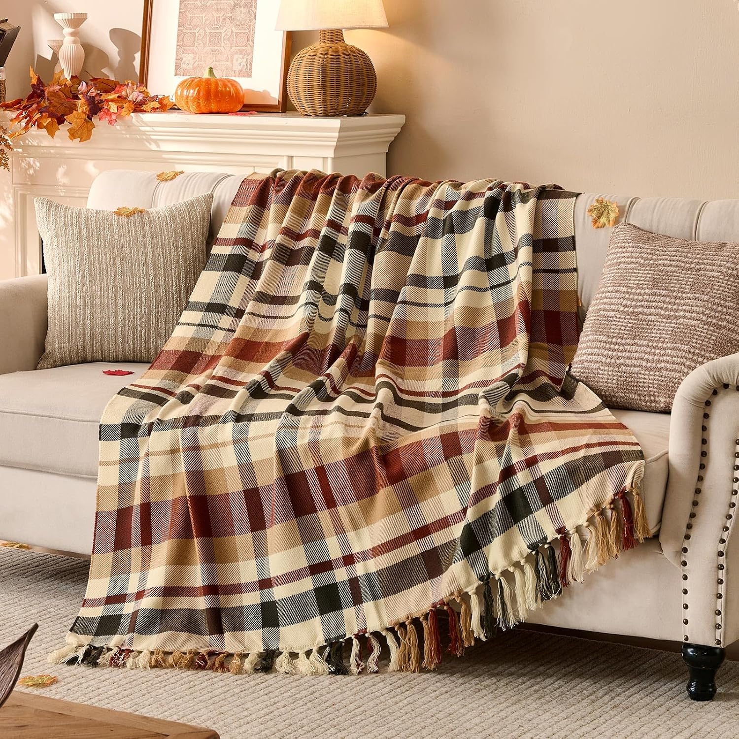 Lanpn Manta Plaid de Otoño Cálida, Suave Frazada con Flecos de Cama Sofá, Mantas Cuadros Dormir Decorativa, Borlas Colcha de Otoñal Dormir Cómoda para Inicio Viajes, Marrón Cheque Jarapa, 130x150 cm
